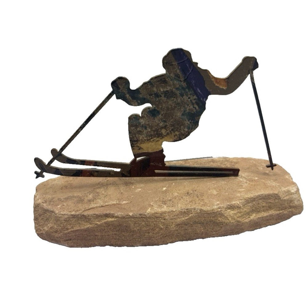 LAZART Multicolor Laser Art Metal Sculpture Skier Mounted on Stone Winter